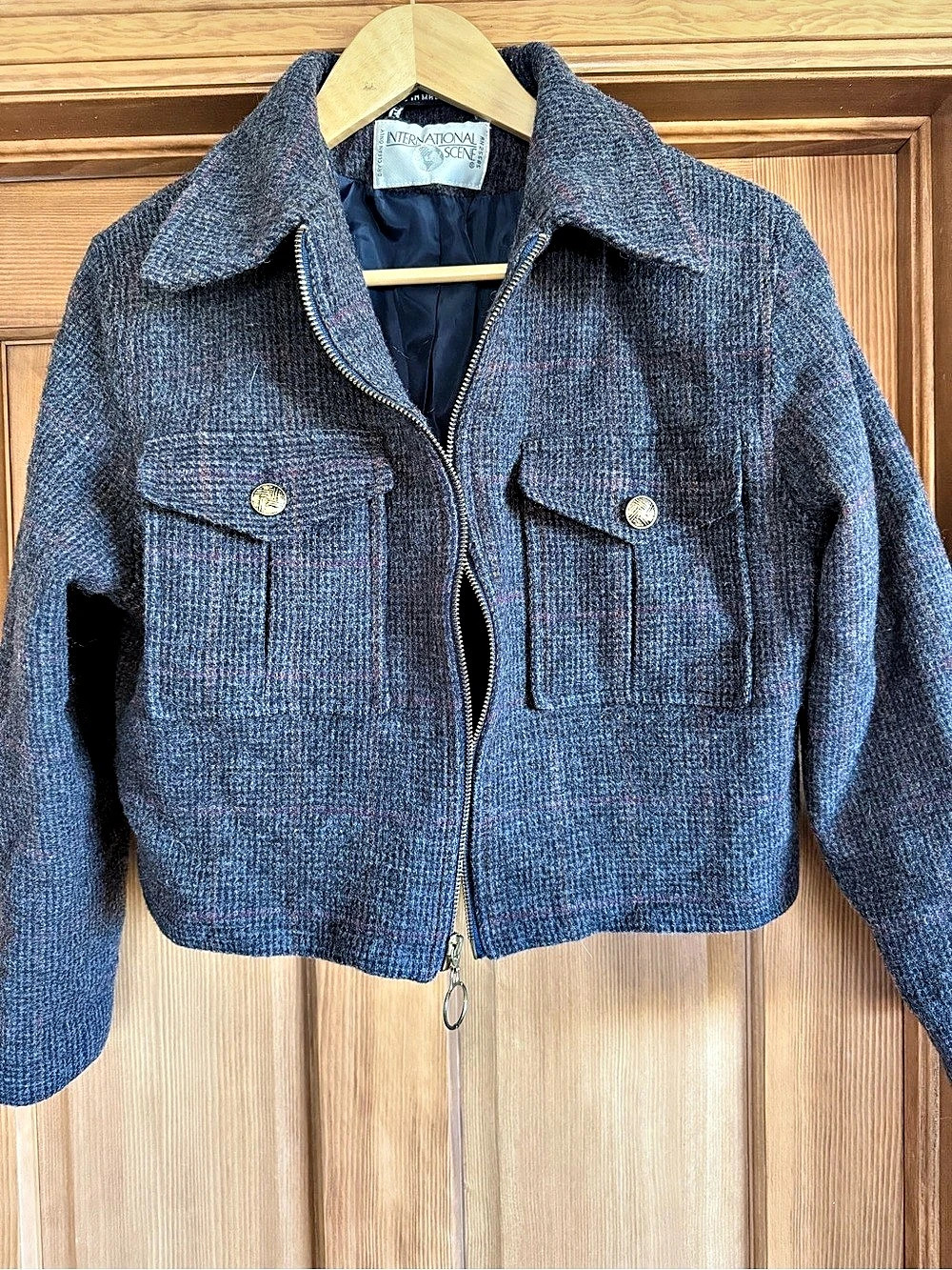 International Scene Wool Women's Plaid Utility Jacket in Blue & Gray Like New